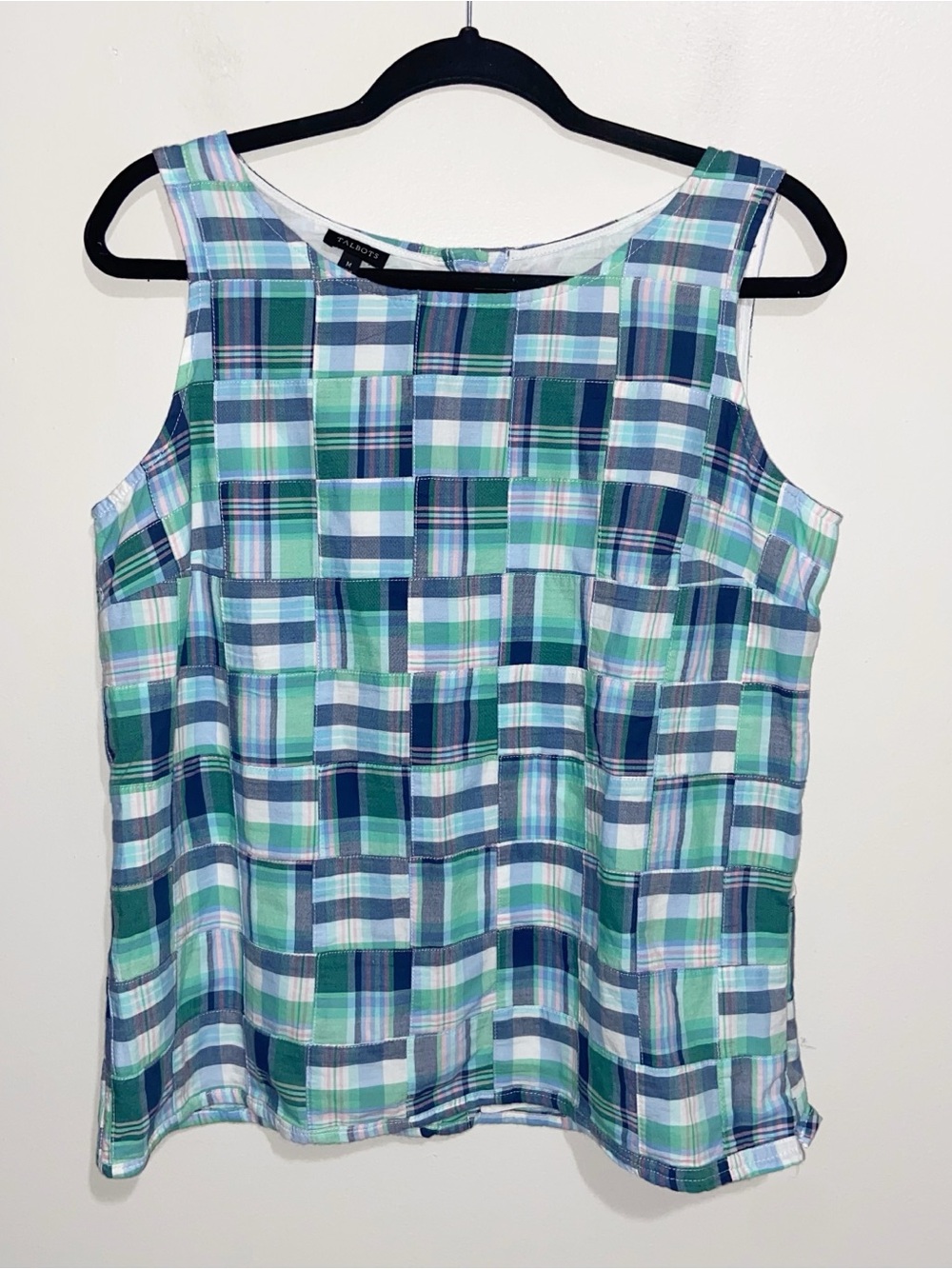 Talbots Top Womens Medium Madras Plaid Button Back Patchwork Coastal Preppy New